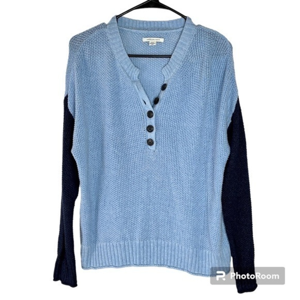 2/$25 American Eagle Blue Knit Woven Color Block Slouchy Cotton Sweater M